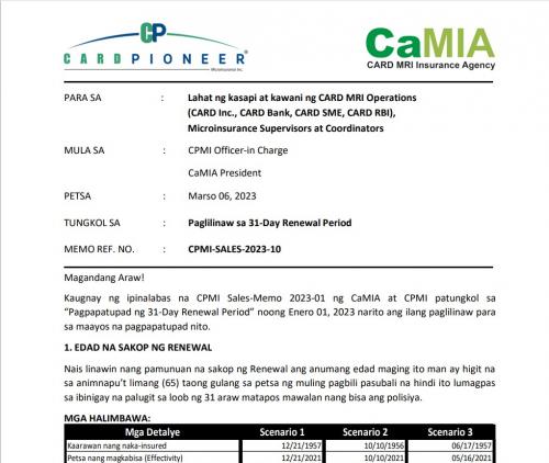 CPMI-SALES-2023-10-Paglilinaw sa 31-Day Renewal Period