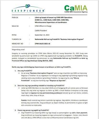 Nationwide Roll-out ng ProteKITA “Business Interruption Program”
